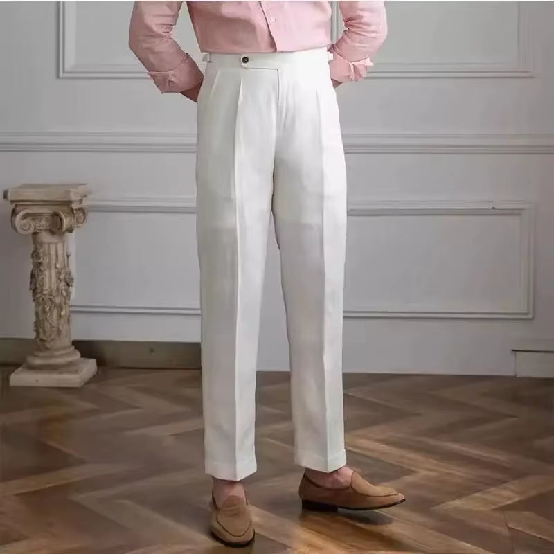 Spring Autumn Men 100% Linen Italian Naples Pants High Waist Straight Suit Trousers Fashion Lightweight Breathable Casual Pants