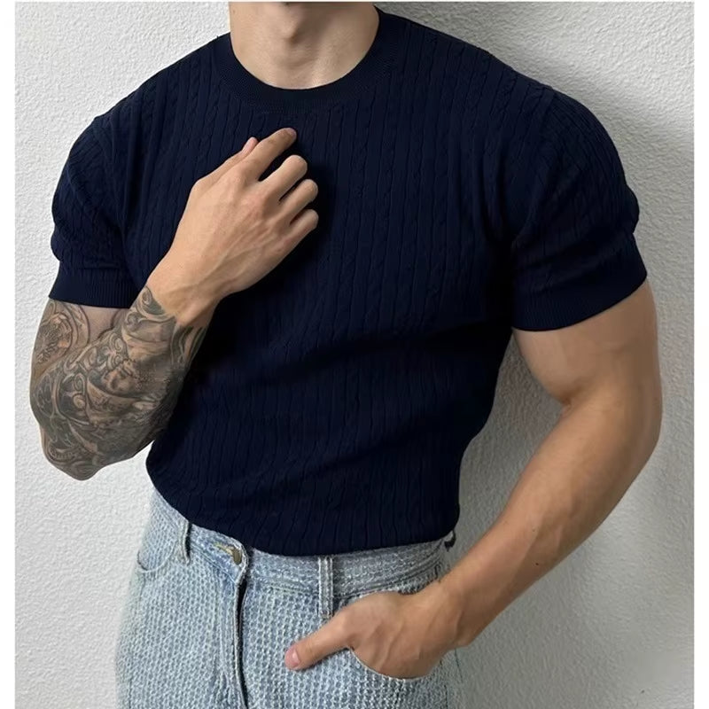 Summer Thin Twist Pattern Crew Neck Knitted Sweater Short Sleeve Mens Loose Trend Versatile Elastic T-Shirt