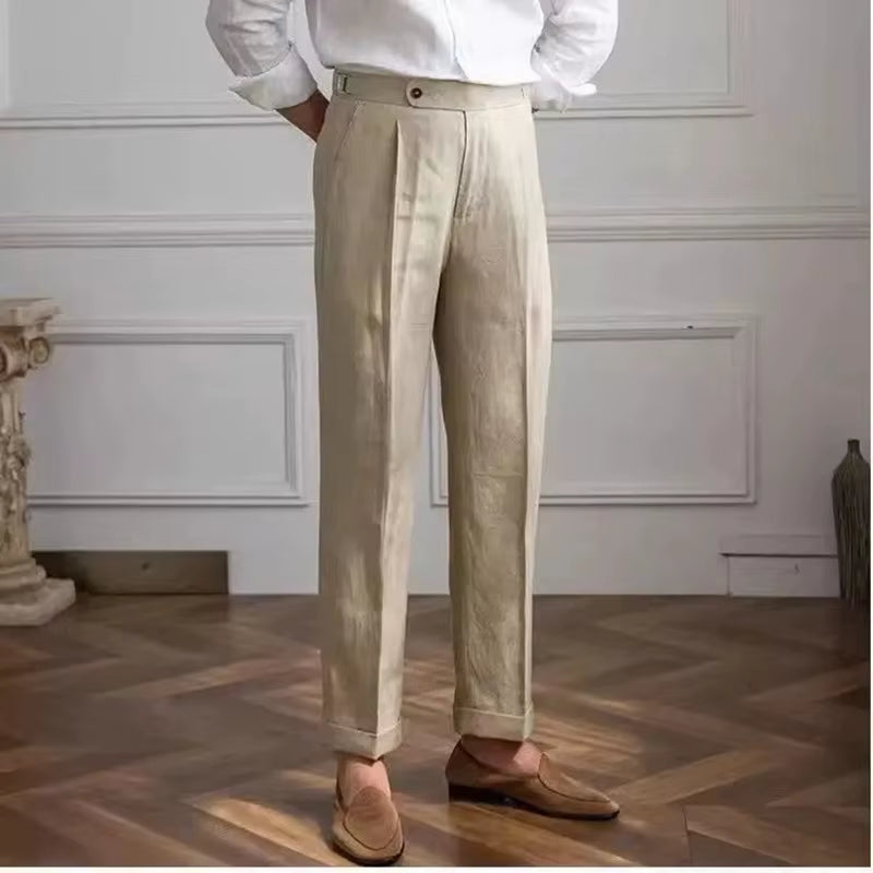 Spring Autumn Men 100% Linen Italian Naples Pants High Waist Straight Suit Trousers Fashion Lightweight Breathable Casual Pants