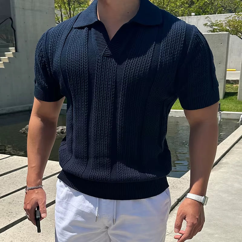 2025 Spring Summer Casual Mens Mesh Polo Shirts Slim Fit Knitted Short Sleeve Polo Tops Men Vintage Lapel Solid Color Pullovers