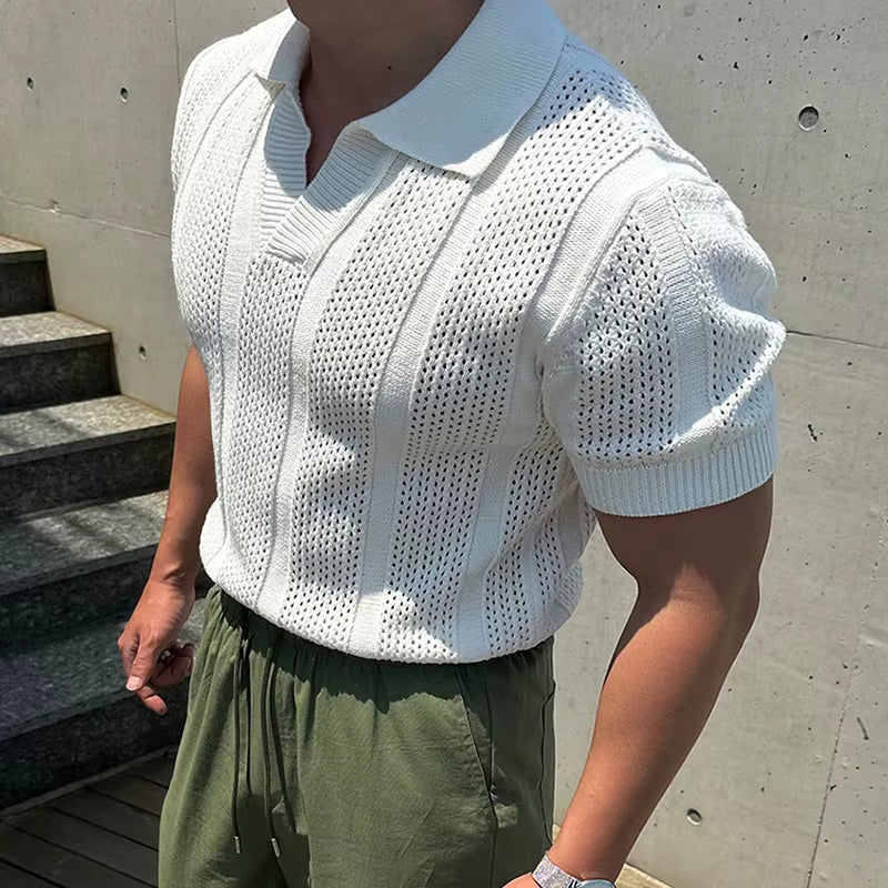 2025 Spring Summer Casual Mens Mesh Polo Shirts Slim Fit Knitted Short Sleeve Polo Tops Men Vintage Lapel Solid Color Pullovers