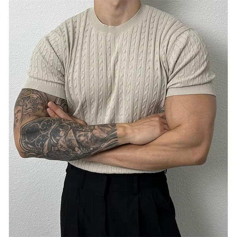 Summer Thin Twist Pattern Crew Neck Knitted Sweater Short Sleeve Mens Loose Trend Versatile Elastic T-Shirt