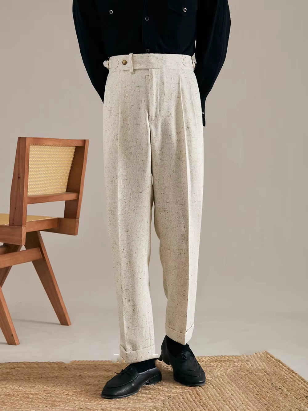 Spring Summer Straight Leg Trousers for Men New High Waist Casual Pant Linen Silhouette Single Pleated Suit Trousers Streetwear