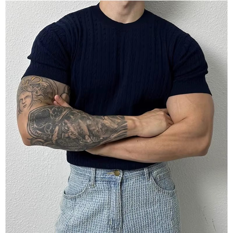 Summer Thin Twist Pattern Crew Neck Knitted Sweater Short Sleeve Mens Loose Trend Versatile Elastic T-Shirt