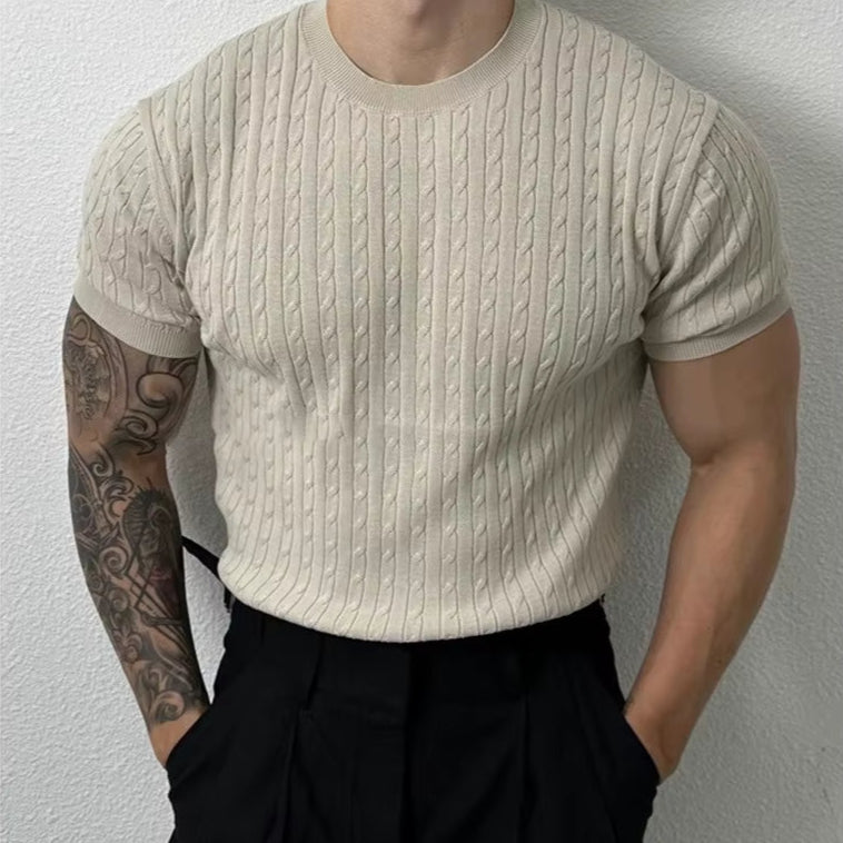 Summer Thin Twist Pattern Crew Neck Knitted Sweater Short Sleeve Mens Loose Trend Versatile Elastic T-Shirt