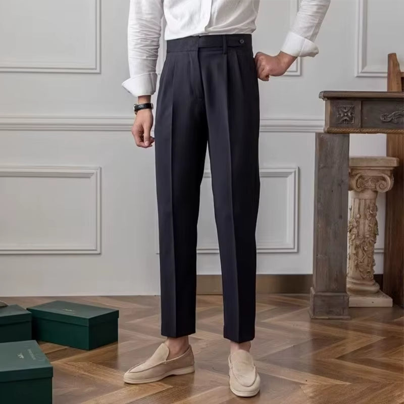 Old Money Aesthetic Mens Suit Trousers Stylish Belt Buttoned High-Waisted Pants Men Fall Vintage Solid Color Slim Straight Pants