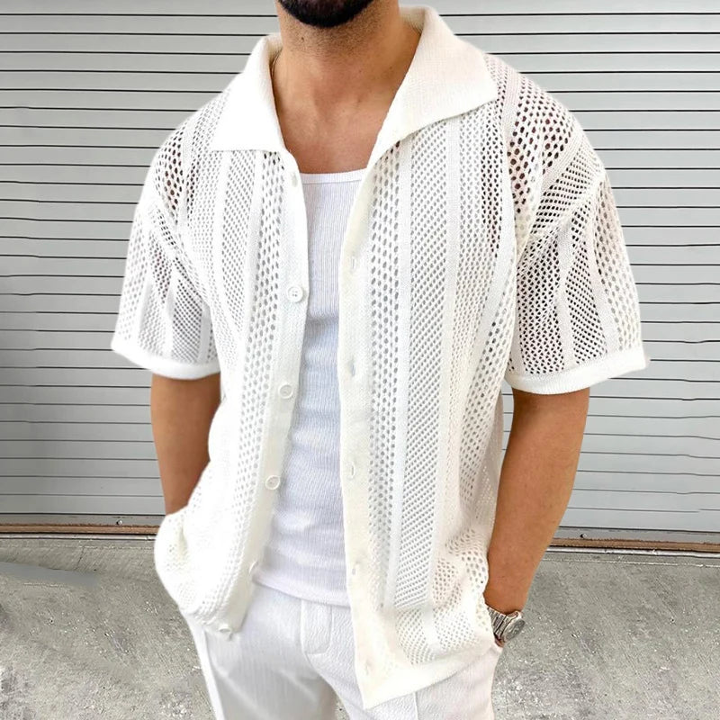 Vintage Knitted Hollow Out Shirts Men Fashion Button Lapel Short Sleeve Knit Shirt Summer Mens Knitwear Casual Solid Color Tops