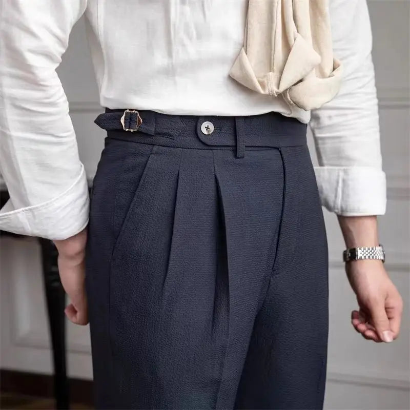 Seersucker Naples Suit Trousers Mens British Stylish High-Waisted Belt Design Straight Pants Summer Slim Business Casual Pants