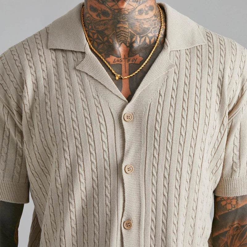 2024 Summer Casual Shirts Men Knitwear Short Sleeve Buttoned Lapel Cardigan Tops Mens Fashion Twist Jacquard Knitted Shirt Male