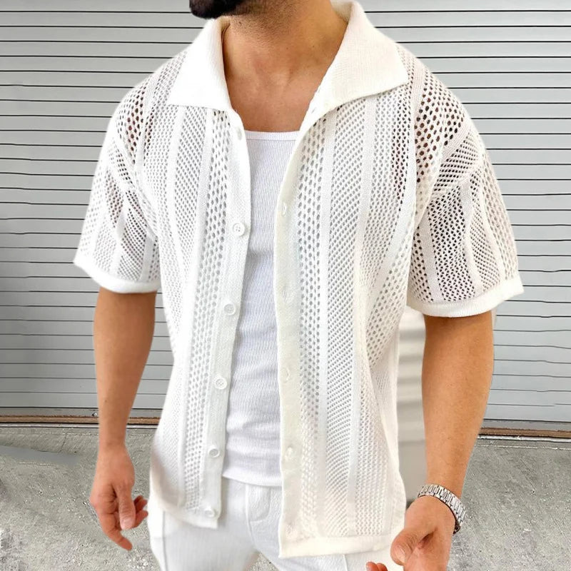 Vintage Knitted Hollow Out Shirts Men Fashion Button Lapel Short Sleeve Knit Shirt Summer Mens Knitwear Casual Solid Color Tops