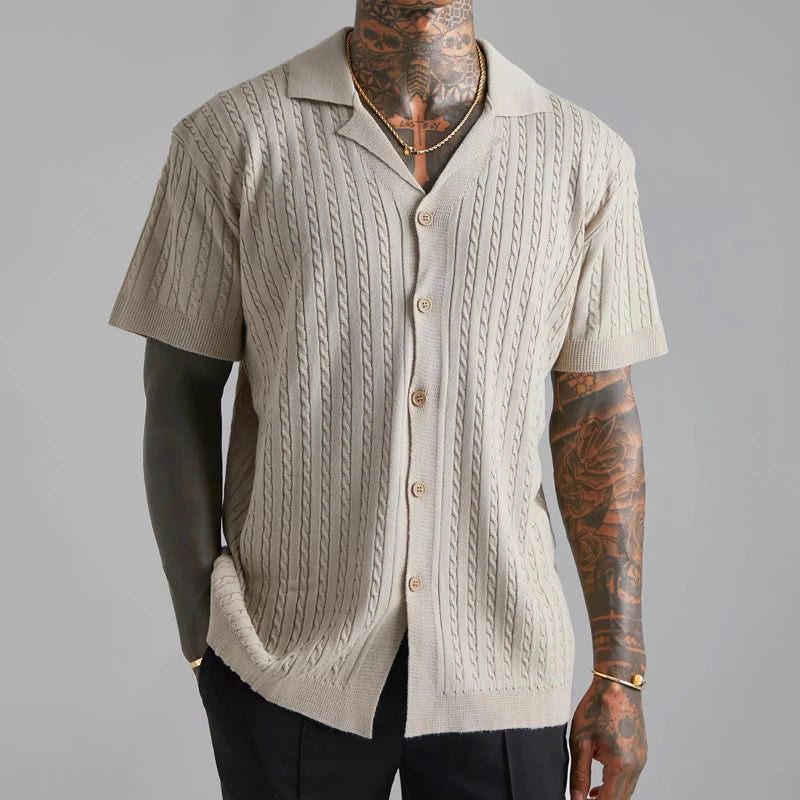 2024 Summer Casual Shirts Men Knitwear Short Sleeve Buttoned Lapel Cardigan Tops Mens Fashion Twist Jacquard Knitted Shirt Male