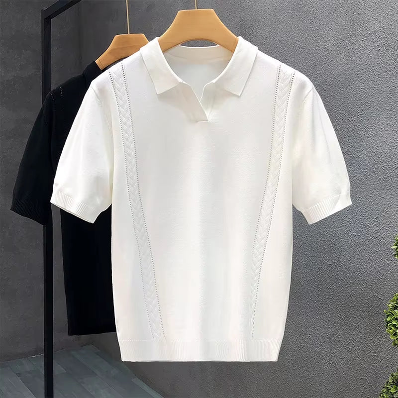 Summer Men'S Clothing Luxury Knit V Neck Short-Sleeved Polo Shirt Solid Color Leisure Korean Popular Breathable Slim Knitwear