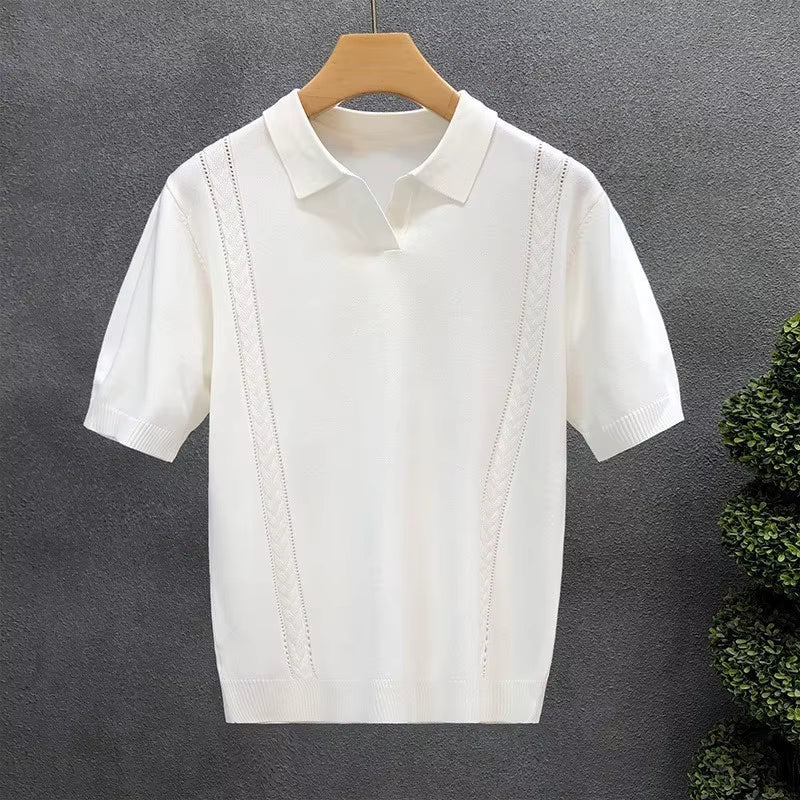 Summer Men'S Clothing Luxury Knit V Neck Short-Sleeved Polo Shirt Solid Color Leisure Korean Popular Breathable Slim Knitwear