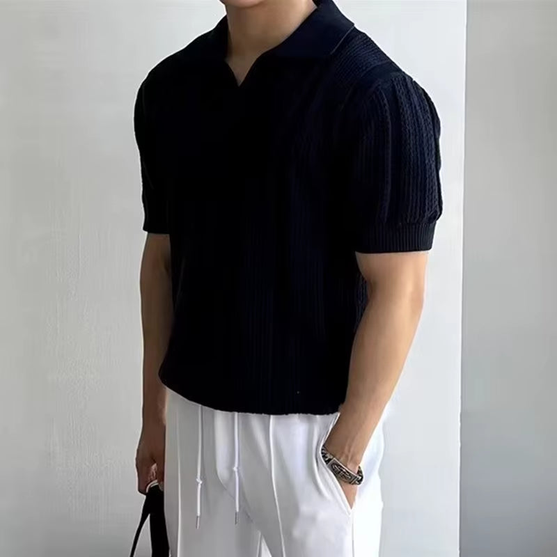 2025 Spring Summer Casual Mens Mesh Polo Shirts Slim Fit Knitted Short Sleeve Polo Tops Men Vintage Lapel Solid Color Pullovers