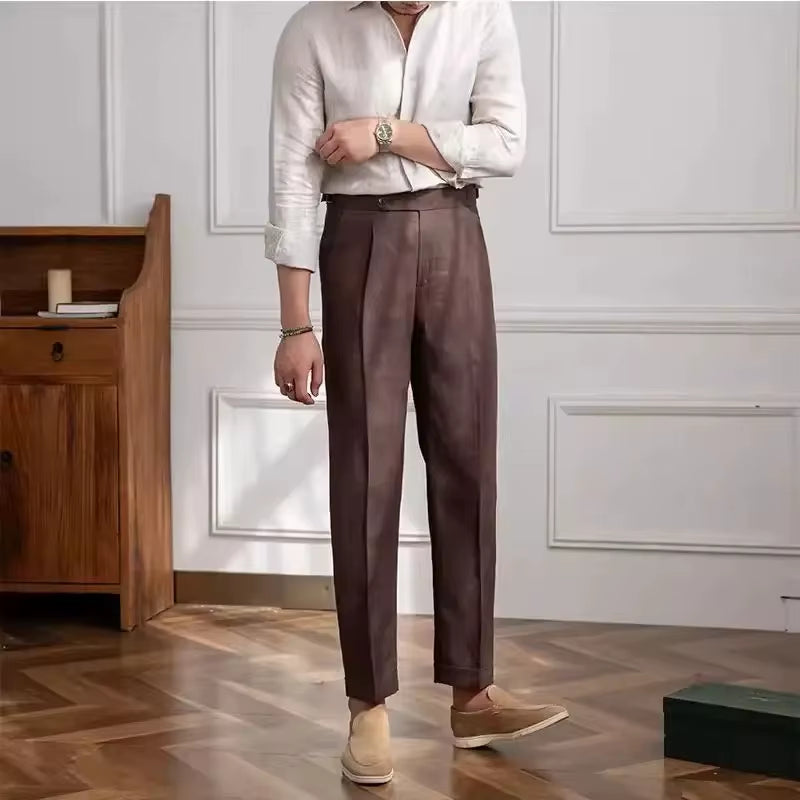 Spring Autumn Men 100% Linen Italian Naples Pants High Waist Straight Suit Trousers Fashion Lightweight Breathable Casual Pants