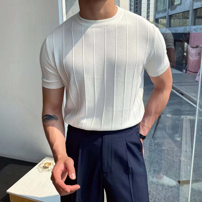 Korean Business Casual Summer New round Neck Knit T-Shirt Youth Men'S Solid Jacquard Stripe Screw Thread Short Sleeve Thin Top