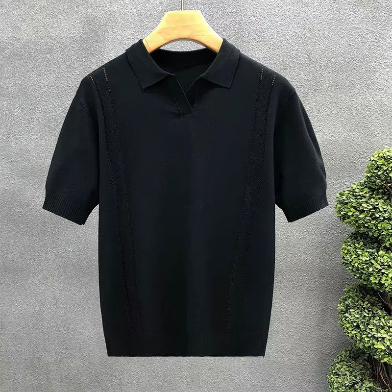 Summer Men'S Clothing Luxury Knit V Neck Short-Sleeved Polo Shirt Solid Color Leisure Korean Popular Breathable Slim Knitwear