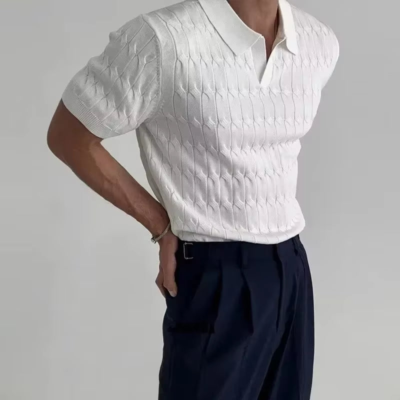 Luxury Summer Solid Casual Polo Shirts Men Sexy Slim Fit V-Neck Knitted Tops Men'S Jacquard Short Sleeve Shirts Leisure Knitwear